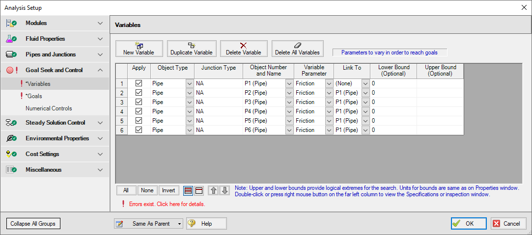 The Variables tab of the Goal Seek and Control Manager window with 6 variables defined.